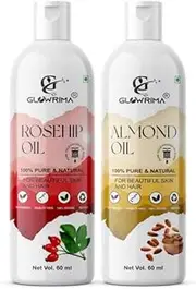 Glowrima 100% Pure Rosehip Oil 60ML & Almond Oil 60ML Combo For Rapid Hair Growth, Anti Hair Fall, Split Ends & Promotes Softer & Shinier Hair (Pack Of 2)