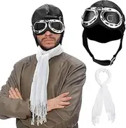 3 Pcs Pilot Hat Pilot Goggles Air Force Flighter Cosplay Costume Set Military Bomber Hat Goggles with White Scarf for Men Women Teens Adults Halloween Costume