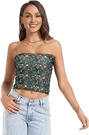 [RPLIFE] Green Wildflower with Daisies Womens Tube Top, Going Out Crop Top, Sheer Tube Tops, Trendy Crop Tops (S)
