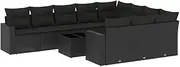 vidaXL Garden Sofa Set 11 Piece Black Poly Rattan Outdoor Furniture with Cushions - Modular Patio Sofa, Glass Table