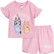 [Bluey] Little Girls French Terry T-Shirt and Shorts Outfit Set Pink 6, Pink, 6