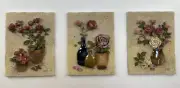 Set of three blum plaque wall hanging flower pots with flowers 7in by 5in