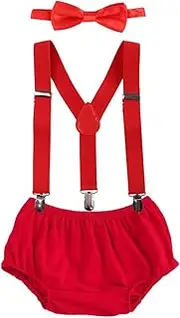 [Generic] Infant Baby Boys First Birthday Party Cake Outfit Clip On Y-back Suspenders Bow Tie Bloomers Set 3pcs