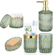 5PCS Glass Bathroom Accessories Soap Dispenser Set, Includes Lotion Dispenser, Soap Dish, Toothbrush Holder, Tumbler, Cotton Swab Jar, Modern Bathroom Decor and Gift Set (Green)
