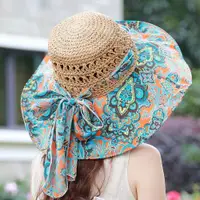 在飛比找ETMall東森購物網優惠-帽子女夏季防曬遮陽涼帽海邊度假沙灘帽鏤空花布大沿可折疊太陽帽