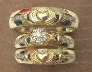 Yellow Gold Diamonds Irish Claddagh Womens Mens His Her Trio Bridal Wedding Set