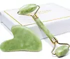Baimei Jade Roller & Gua Sha Stone Set Green - Reduces Puffiness, Brightens Comp