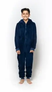 Boys Size 10-16 Navy Blue Shark Winter Fleece Hooded One Piece Jumpsuit