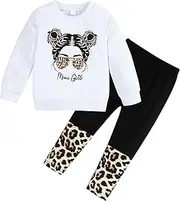 [Rosebea] Girls 2 Piece Outfits Letter Figure Graphic Sweatshirts Top + Black Leopard Legging Kids Clothing Set
