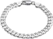 [Amberta] 925 Sterling Silver Bracelet - Various Styles - 8 mm Thick - Flat Cuban Curb Chain for Men - Length 8 Inch