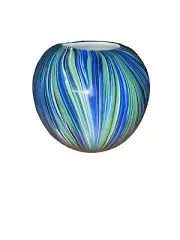 Post Modern Blue/Clear/Green 8" Hand Blown Art Glass Swirled Vase