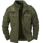 Men's Cotton Embroidered Military Jacket Cargo Jacket with Shoulder Straps Long Sleeve Standing Collar Multi-Pockets Coat Trucker Jacket 1776 Letter Print Tact