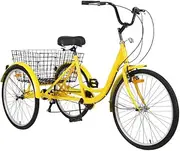 [ALSTON] 26Inch Adults Tricycle Three Wheels Bicycle Trike with Large Basket, 7 Speed Adjustable Outdoor Trike 3 Wheels Bike for Shopping Beach City Ride (Yellow)