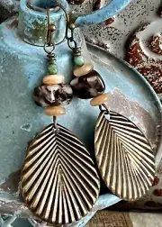 Etched Bronze and Shell Bead Boho Chic Dangle Earrings.