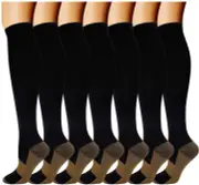 Double Couple 7 Pairs Copper Compression Socks for Men Women 20-30 Mmhg Knee Hig