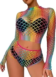 [Zylphorix] Womens Colorful Fishnet Set Babydoll Crop Top and Panty Mesh Sets Rainbow Hollow-Out Lingerie
