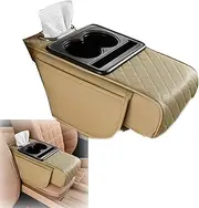 Integrated Pressurized Multifunctional Car Armrest Heightening Pad, Multifunctional Car Armrest Cushion with 2 Cup Holder, Phone Slot, Tissue Box, Side Pockets for All Cars Models (Yellow)