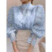 Blouse Lace Puff Sleeve Lantern Sleeve Solid Pleated Sky Blue / XXL(14)