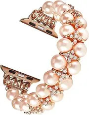 Fleshy Leaf Pearl Bracelet Compatible with Apple Watch Band 38/40/41mm 42/44/45mm iWatch Series 7/6/5/4/3/2/1, Artificial Elastic Stretch Bling Diamond Jewelry Wristband Replacement Strap for Women