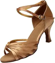 [WRITWAA] 1 Pair Satin High Heels Latin Dance Shoes for Lady Size 35 Classic Design Easy On/Off Grain Material Golden