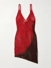 [The Attico] The Attico - Asymmetric Ombré Open-knit Cotton Mini Dress - Red - IT38 IT 38 Red