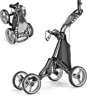 ULTIMATE 4 Wheel Golf Push Cart, Lightweight Folding Golf Trolley Roller w/Scorecard/Cup/Umbrella/Golf Bag Holder & Cooler Bag, Upper Bracket w/Elastic Strap, Foot Brake & Adjustable Handle