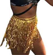 [PMIYS] Women Sequins Belly Dance Skirt Rave Outfits Glitter Tassel Fringe Hip Scarf High Waist Shinny Party Mini Skirts