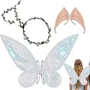Fairy Wings Set | Flexible Sparkle Angel Wings with Elf Ears Flower Crown - Halloween Angel Costume for Photo Props, Cosplay Props, Flower Girl Dress Up Strop-au