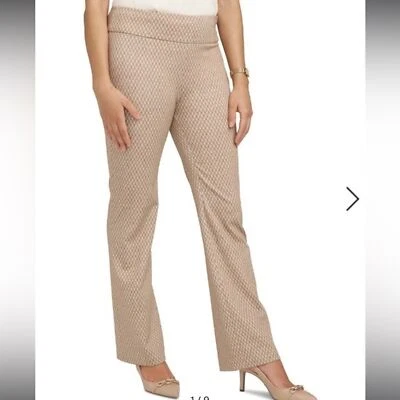 ANNE KLEIN Printed Pull-on Bootcut Stretch Pants In Light Coffee/White Size L