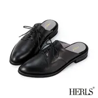 在飛比找momo購物網優惠-【HERLS】穆勒鞋-全真皮綁帶尖頭德比牛津穆勒鞋(黑色)