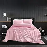 HommxJF 5Pcs Satin Sheets Set Queen Size Sheets Pink Sheets Silky Breathable Luxury Bedding Sheets with 1 Satin Flat Sheet,1Deep Pocket Fitted Sheet,3 Pillowcases