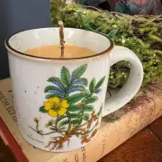 Pure Beeswax candle in botanical mug OOAK upcycled organic Handmade Sustainable