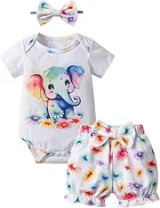 [Kumsolu] Baby Girls Outfits Summer 3PCS Elephant Print Short Sleeve Bodysuit Shorts with Headband Clothes Sets