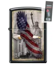 Zippo 2102 Eagle Flag New York City Statue of Liberty Black Lighter + FLINT PACK