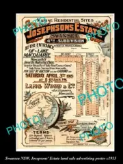 OLD LARGE HISTORICAL LAND SALE ADVERTISING POSTER SWANSEA NSW c1915 JOSEPHSONS