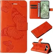 [HMLTD] Beautiful Butterfly Embossed Phone Cover Compatible with Google Pixel 8A Pixel8A Phone Case Magnetic Flip Cover Pluggable Card Wallet Clip Phone Shell (Orange,Google Pixel 8A)