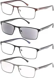 EYESPEX 4-Pack Reading Glasses for Men, Metal Frame Spring Hinges Readers Includes 1 Blue Light Blocking Reading Glasses& 1 Sunshine Readers