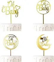 JYNice Oh Baby Cake Topper Gold Acrylic Baby Shower cake toppers Mirror Gold Elegant Handwriting “OH BABY” Sign Girl Baby Shower Boy Cake Topper Gender Reveal Baby Shower（4 pieces）