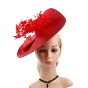 STUNNING LARGE RED STRAW FASCINATOR & FEATHERS, RED HEADBAND, SPRING RACES