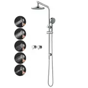 WELS Round 8'' ABS Plastic Rainfall Shower Head 5-MODE Handheld Set Gooseneck Arm Wall Rail Diverter Twin Taps Chrome