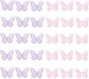 DANUDON 30PCS Butterfly Lace Trim, Double Layers Butterfly Decor Applique Patches Organza Fabric Embroidery Sewing Craft Decorative Pink Purple Butterfly Patches for Hair Dress Accessories