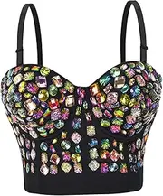 [Dickly] Women's Colorful Rhinestone Push Up Bra Clubwear Nightclub Party Corset Crop Top Black