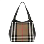 【BURBERRY 巴寶莉】80737851 經典格紋拼接皮革手提單肩包(黑色)