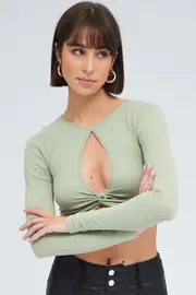 Green Cut Out Top Long Sleeve Crew Neck Seamless - Size XS, Women's Top