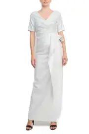 Aidan by Aidan Mattox V-Neck Pleated Zipper Back Short Sleeve Slit Back Taffeta