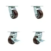 4 Inch Polyurethane Swivel Caster Set with Ball Bearings 2 Brakes Service Caster