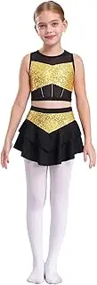 [FEESHOW] Kids Girls Sparkle Hip Hop Dance Outfits Sequins Crop Top with Tiered Skirt Set for Cheerleading Jazz