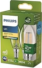 PHILIPS Classic Ultra Efficient LED Lamp Energy Class A Replaces 40W E14 Base Candle Clear Warm White Light (2700K) Pack of 2 New Generation Warm White