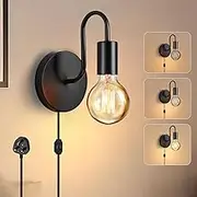 Lightess Industrial Dimmable Wall Light Plug in Stepless Dimming Vintage Wall Lamp with Switch, Bedroom Lamps with Dimming Switch Plug, E27 Metal Black Wall Sconce for Living Room Restaurant