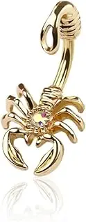 [Pierced Owl] 14GA Gold Plated 316L Stainless Steel Scorpion with CZ Crystal Center Belly Button Ring, Metal, cubic zirconia